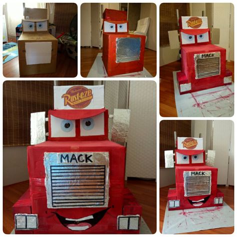 Cardboard Mack Truck, Mack From Cars Cardboard, Disney Cars Mack Truck Table Diy, Diy Mack Truck Cardboard, Disney Party Diy, Truck Birthday Party Ideas, Lightning Mcqueen Party, Mcqueen Party, Cars (disney) Party