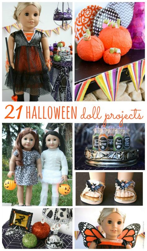 21 Halloween crafts and sewing projects for American Girl dolls. American Girl Halloween, American Girl Outfits, Ag Doll Crafts, Girl Hacks, American Girl Diy, American Girl Doll Furniture, American Girl Doll Diy, Doll Halloween Costume, American Girl Accessories