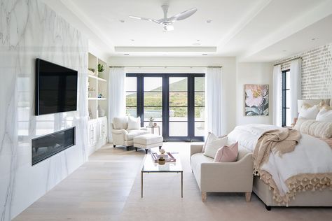 Blush Pink Interior Design | Tracy Lynn Studio Portfolio Bedroom With Tv, Beige Upholstered Bed, Transitional Bedroom Design, Bedroom Tv Wall, White Shiplap Wall, Sunken Living Room, Transitional Bedroom, White Fireplace, Gorgeous Bedrooms