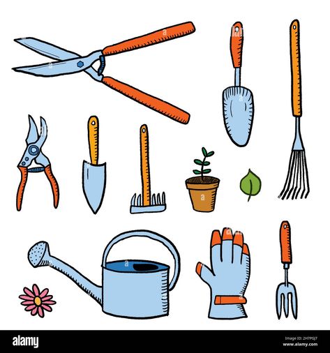 Download this stock vector: Gardening tools doodle style illustration. Garden hobby equipment isolated vector object set. - 2H7PGJ7 from Alamy's library of millions of high resolution stock photos, illustrations and vectors. Hand Drawn Icons, Cute Doodles Drawings, Doodle Drawings, Cute Doodles, Objects Design, Cartoon Styles, Garden Tools, Designs To Draw, Fashion Set