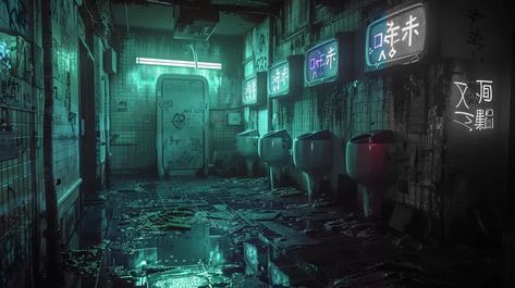 Full Color Image in ai-img-gen.com 🔸 a Cyberpunk futuristic run down dimly lit toilet environment, Cyberpunk wall graffiti, toilet cubicl... 🔸 From Midjourney AI Image Graffiti Toilet, Cyberpunk Bathroom, Wall Graffiti, Public Bathroom, Public Bathrooms, Color Image, In The Darkness, Colour Images, Cyberpunk