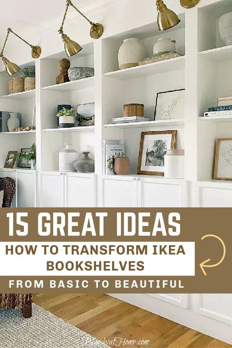 15 Best Ikea Bookshelf Hacks. Need a way to add more storage or a fresh look for your home? Ikea bookshelf hacks are an easy solution. Maximize your living room charm and storage with these bookshelf ideas. Save these IKEA ideas. Ikea Tall Bookshelf, Custom Book Shelf, Ikea Units Living Room, Diy Bookshelf Ikea Hacks, Custom Shelving Living Room Built Ins, Custom Wall Shelving, Bookcase Tv Wall Living Room, Bookshelf Hacks Diy, Bookshelf Wall Office