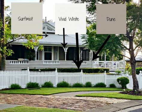 Our Classic Queenslander House Colours - The Builder's Wife Queenslander House Colours, Queenslander House Exterior, Green Queenslander, Surfmist Roof, Queenslander Homes Exterior, Renovated Queenslander, Fence Colors, Hamptons House Exterior, Queenslander House