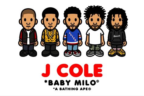 J Cole Art Drawing, Bape Characters Rappers, J Cole Baby, Bape Cartoon, Bape Art, Milo J, Cole Baby, Baby Milo, Hip Hop Artwork