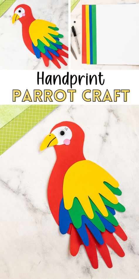 Dive into the joy of jungle crafting with your kids with our Handprint Parrot Craft activity. We use vibrant card stock and their adorable handprints! Jungle Toddler Activities, Parrot Craft Preschool, Lama Craft, Library Crafts For Kids, Jungle Animals Crafts, Handprint Parrot, Parrot Craft For Kids, Jungle Crafts For Kids, Paper Plate Parrot