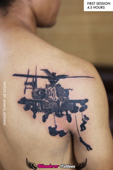 Apache Helicopter with Commandos Tattoo at Wanderer Tattoos by Anmol Jeswani A10 Warthog Tattoo, Apache Helicopter Tattoo, Commando Tattoo, Apache Tattoo, Helicopter Tattoo, Tomoe Symbol, Wanderer Tattoo, Tom Tattoo, Tramp Stamps