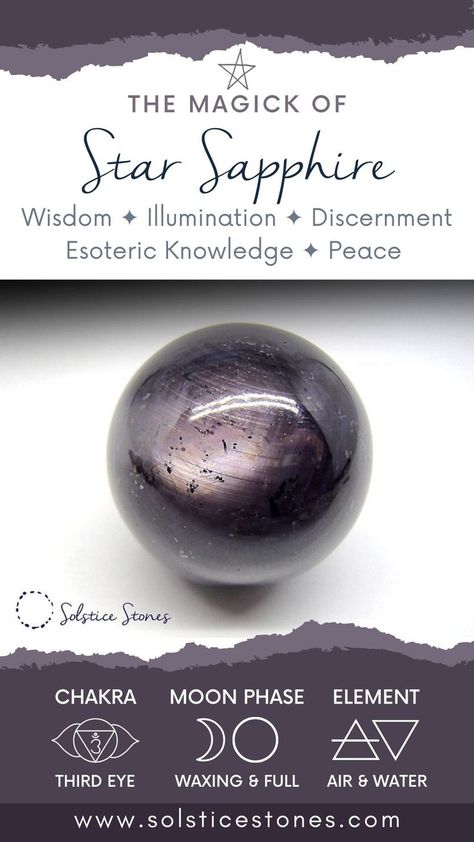 STAR SAPPHIRE ✧ Crystal Meaning, Healing Properties & Ritual Correspondences ✧ Wisdom, tranquility, expanded awareness, awakens the higher mind, cultivates discernment on the spiritual path, discipline, deepens meditation, aids visualization & journeying, esoteric knowledge, peace, stillness, insight —————————————————————————————— ▶www.solsticestones.com◀ —————————————————————————————— #crystalhealing #healingcrystals #crystalbasics #chakrastones #crystalmagick #witchy #greenwitch #beginnerwitch Sapphire Crystal Meaning, Sapphire Meaning, Esoteric Knowledge, Witchcraft Shop, Paganism Spells, Witch Rituals, Metaphysical Shop, Sacred Stones, Crystal Magic