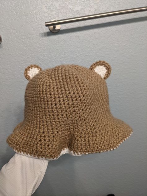 Brown bear bucket hat crochet soft Bear Bucket Hat Crochet Pattern Free, Crochet Bucket Hat With Ears, Animal Bucket Hat Crochet, Bear Bucket Hat Crochet, Bucket Hat Pattern Free, Bear Bucket Hat, Bucket Hat Crochet, Woolen Craft, Bucket Hat Pattern