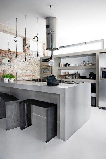 creative kitchen ideas concrete cabinets brick wall industrial style design Concrete Kitchen Cabinets, Industrial Kitchen Island, House Makeovers, Custom Kitchen Island, Industrial Kitchen Design, Concrete Kitchen, Kitchen Trends, Kitchen Remodel Idea, Home Decor Store