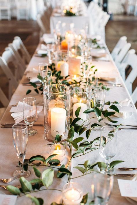 Casual Reception Table Ideas, Mismatch Wedding Table Decor, Silver Wedding Centerpieces Elegant, Neutral Spring Wedding Decor, Simple Wedding Table Decor Long Tables, Garland Centerpiece Wedding, Bridal Party Table Ideas Receptions, Cheap Wedding Table Centerpieces, Wedding Candles Table