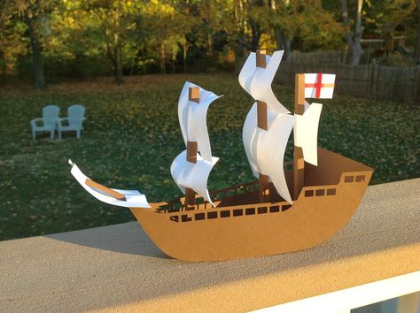 Using the same body from my Columbus ship,  I recreated a model of the Mayflower.  The Mayflower is flying the St. George's Cross. St. Georg... Neverland Party, Boat Crafts, Cardboard Toys, Pirate Birthday Party, Paper Boat, Cardboard Cutout, Pirate Birthday, Pirate Theme, Pirate Party