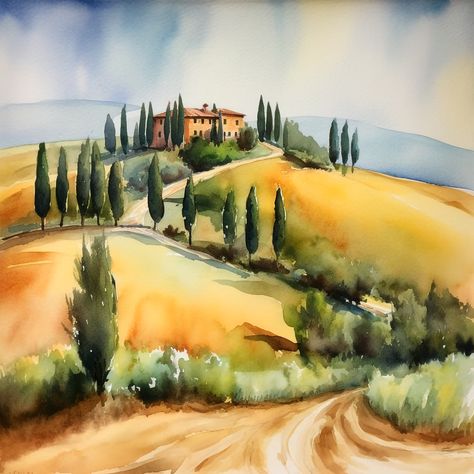 Tuscany - in Love with the Med Art | OpenSea Tuscany Italy Painting, Tuscany Watercolor Landscape, Tuscany Art Painting, Tuscany Scenery, Tuscany Paintings, Tuscany Watercolor, Tuscany Art, Tuscan Art, Tuscany Landscape