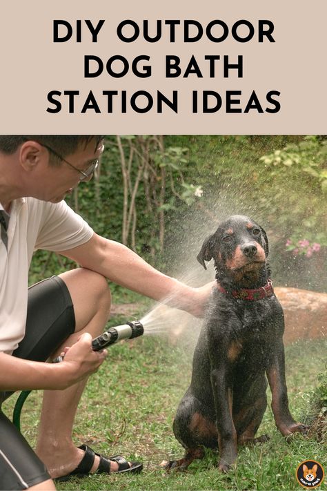 DIY outdoor dog bath station Outdoor Pet Shower Ideas, Dog Shower Station Outside, Portable Dog Washing Station, Dog Toilet Outdoor, Outdoor Dog Bath Station Diy, Diy Dog Bathing Station Outdoor, Outdoor Pet Wash Station, Garage Dog Wash, Dog Wash Station Outdoor