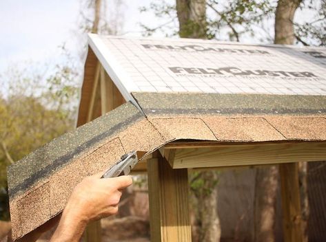 How to Shingle a Playhouse or Shed Roof Playhouse Roof Ideas, How To Shingle A Shed Roof, How To Shingle A Roof, Playhouse Roof, Playset Makeover, Playhouse Remodel, Utah Garden, Timberline Shingles, Insulating A Shed