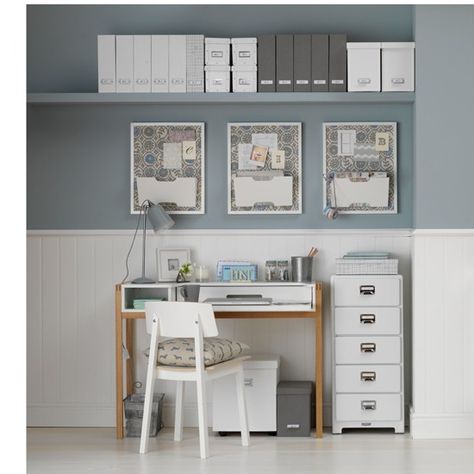 Duck- egg walls have been teamed with white wooden flooring and patterned fabrics featuring blue hues for a calm Scandinavian-inspired scheme.    Paint  The Little Greene Paint Company  Flooring  Quick-Step  Desk  John Lewis Blue Study, Blue Home Offices, Working Room, Traditional Home Office, Work Room, Home Office Storage, Working Space, Small Home Office, Craft Room Office