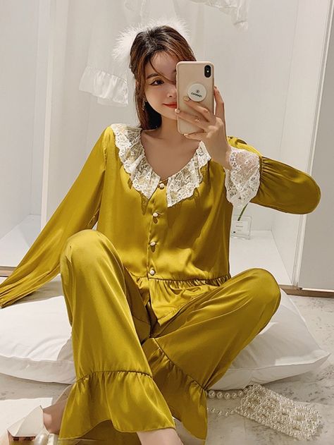 V-neck Sleepwear Women 2PCS Pajamas Set Faux Silk Nightwear Casual Shirt&Pants Intimate Lingerie Soft Pijamas Lounge Wear Short Night Dress, Women Nightwear Dresses, Night Wear Dress, Lace Sleepwear, Silk Nightwear, Pajama Fashion, Sleepwear Fashion, Mode Abaya, Home Clothes