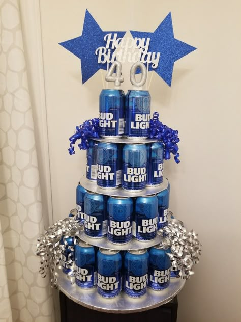 Beer Can Birthday Cakes For Men, Bud Light Cakes For Men, Budlight Beer Gift Ideas, How To Make A Beer Cake With Cans, Beer Can Cakes For Men, Beer Can Birthday Cake, Budlight Party Ideas, Budlight Cakes For Men, Beer Can Cake Tower