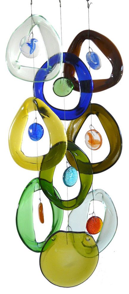 'Wine Chime' Recycled Glass Wine Bottle Windchime - Contemporary - Wind Chimes - by Modern Artisans | Houzz Recycling Glass Bottles, Slumping Glass Ideas, Fused Glass Wind Chimes, Melted Glass Art, Wine Bottle Windchimes, Glasfusing Ideas, Recycled Glass Art, Glass Chimes, Melted Wine Bottles