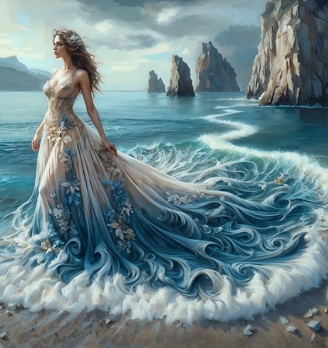 Woman and sea Greek Dresses Goddesses, Ocean Goddess Dress, Ocean Dress Design, Water Element Outfit, Ocean Wedding Dress, Ethereal Dress Goddesses, Amphitrite Goddess, Sea Foam Dress, Ocean Dresses