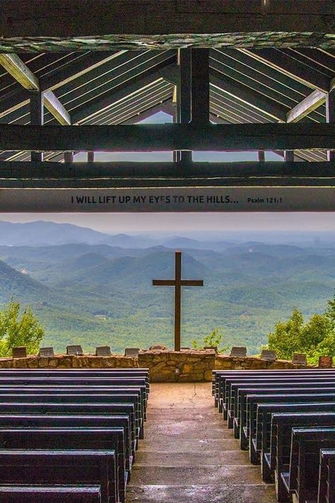 SYMMES CHAPEL  100 Ymca Camp Rd, Cleveland, SC 29635  Symmes Chapel at Pretty Place offers visitors breathtaking views of the Carolina mountains. It is a church with regular Sunday services, but because of its open-air venue, it really is one of a kind.  The sanctuary sits atop Standing Stone Mountain in Greenville County. The vista it offers is the rolling hills of the Carolinas. It is just past the YMCA camp in Cleveland (100 YMCA Camp Road) and is open daily for those hardy enough to brave th Symmes Chapel, Mountain Chapel, Beautiful Chapels, Pretty Place Chapel, Smoky Mountain Wedding, Carolina Mountains, God Is Amazing, North Carolina Mountains, Smoky Mountain