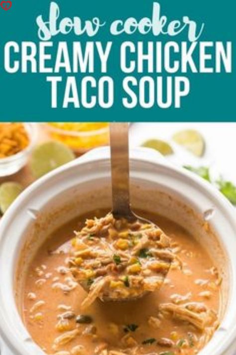 This yummy soup is an easy slow cooker dinner recipe made with just a handful of simple ingredients including chicken breasts, taco seasoning, beans, corn, tomatoes, green chilies, shredded cheese and heavy cream... Chicken Taco Soup Crock Pot, Kiffles Recipe, Crockpot Sunday Dinner, Creamy Chicken Taco Soup, Chicken Breast Soup, Taco Soup Slow Cooker, Crockpot Chicken Taco Soup, Easy Slow Cooker Dinner, Slow Cooker Chicken Taco Soup