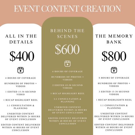 ✨ NOW OFFERING ✨ EVENT CONTENT CREATION Have you heard the news? We are officially offering content creation services for weddings, branding events, birthdays, bachelorette parties, bridal showers and more! Over the years, we have learned to appreciate the hard work that goes into each detail of an event and love all the special moments that happen on wedding day. Having a content creator present to capture everything from start to finish and be able to relive it all 24 hours after your e... Content Creator Business Plan, Event Content Creator, Content Creation Packages, Event Content Ideas, Wedding Content Creator Ideas, Wedding Content Ideas, Wedding Content Creator, Events Website, Photography Business Plan