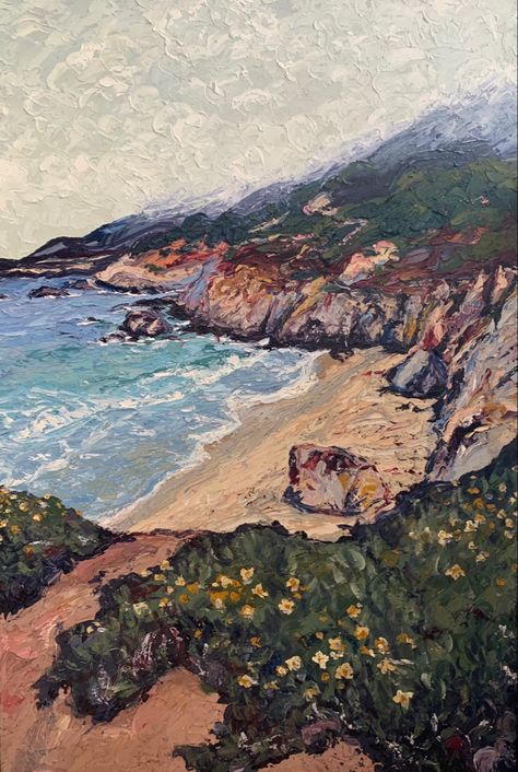 Ocean Cliff Painting, Cliff Overlooking Ocean, Big Sur Painting, Cliff Painting, Slavic Core, California Watercolor, California Painting, Monterey Bay California, Flowers Texture