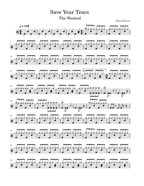 Save Your Tears – The Weeknd / Drum Sheet Music Drum Notes Sheet Music, Drums Music Sheet, Drum Sheet Music Beginner, Drum Music Sheet, Drums Notes, Save Your Tears The Weeknd, Free Guitar Sheet Music, Sheet Music Tattoo, Learn Drums