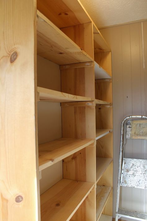 ~Ohio Thoughts~: Easy Shelves You Can Build Yourself Bedroom Into Pantry, Diy Canning Shelves, Pantry Built In Shelves, How To Build Pantry Shelves, Diy Pantry Shelves How To Build, Diy Pantry Build, Pantry Wall Shelving Ideas, Wood Pantry Shelves, Canning Shelves