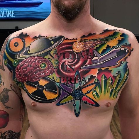 Chest Tattoo by @joshwoods at @theblacklanternoc in Dana Point California. #chesttattoo #brain #spaceship #biohazard #planet #atom #joshwoods #theblacklanternoc #danapoint #california #tattoo #tattoos #tattoosnob Color Tattoo Ideas, Chest Piece Tattoo, Atom Tattoo, Science Tattoos, Molecule Tattoo, Anatomical Heart Tattoo, Rose Tattoos For Men, Tattoo Ideas For Men, Chest Piece Tattoos