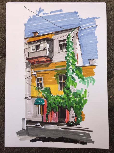 Marker Architecture, Marker Art Architecture, Alcohol Marker Drawings Architecture, Marker Architecture Drawing, Marker Sketch, Urban Sketching Marker, Architecture Marker Sketch, Marker Urban Sketch, Markers Drawing Architecture