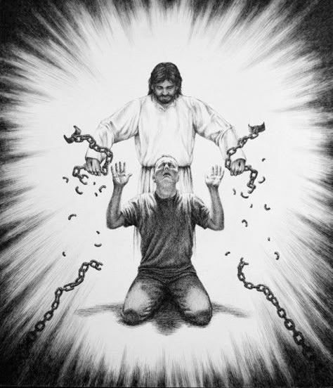 Jesus breaking chains artwork image drawing. Jesus breaking chains shackles off a man on his knees, a sinner who is repenting. Jesus is setting a person free from his sin,breaking chains, based upon John 8:32-36:Whom the Son sets free is free indeed.Then you will know the truth and the truth will set you free.Romans 3:23-25. Christian Drawings, Break Every Chain, Jesus Christ Art, Prophetic Art, Pictures Of Jesus Christ, Ayat Alkitab, Jesus Painting, Jesus Christ Images, Jesus Is Life