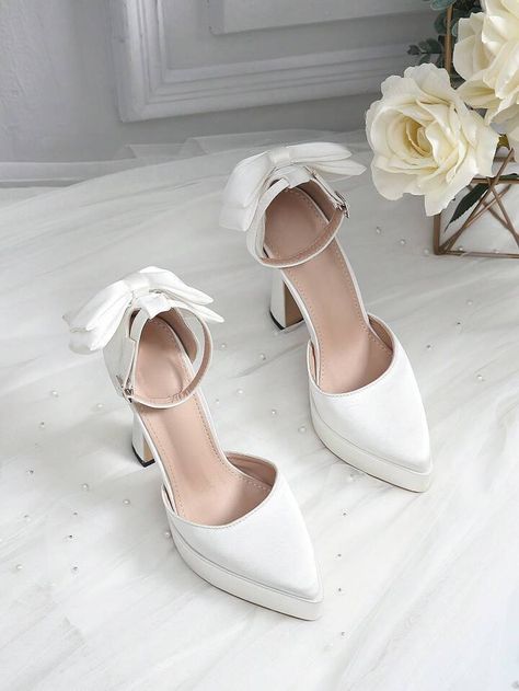 Women Bow Decor Point Toe Platform Pyramid Heeled Ankle Strap Pumps, Wedding Outdoor Satin Pumps | SHEIN USA Bridal Heels Platform, White High Heels Wedding, Bride Heels Wedding, Shein Wedding, Satin Wedding Heels, Wedding Heels Brides, Platform Bridal Shoes, Dr Belongings, Platform Wedding Shoes