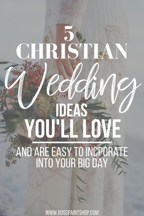 If you're planning a Christian wedding and want to incorporate faith into it, then these 5 Christian wedding ideas are perfect! From decor, to your guest book, to vows and more, these 5 ideas will allow your to add statement faith pieces into your big day without any extra stress. RossPaintShop.com #christianweddingideas #wedding #christian #weddingideas #weddingplanning Christian Wedding Rituals, Christian Wedding Vows To Wife, Christian Wedding Ideas Ceremony Decor, Fun Christian Wedding Ideas, Christian Traditions Wedding, How To Incorporate God Into Wedding, Gospel Centered Wedding, Boho Christian Wedding Decor, Worship At Wedding Ideas