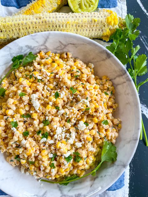 Slathered in chili lime sauce and garnished with cotija cheese, this street corn recipe takes only 25 minutes to make and is the perfect side dish! Cotija Cheese Recipes, Street Corn Salsa, Mexican Street Corn Recipe, Chili Lime Sauce, Street Corn Recipe, Corn Salsa Recipe, Corn Side Dish, Chili Lime Seasoning, Corn Recipe