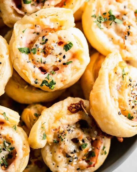 Ham and Cheese Pinwheels with Everything Bagel Seasoning - Platings and Pairings | The Kitchn Ham Cheese Roll Ups, Breakfast Pinwheels, Cheese Roll Ups, Puff Pastry Pinwheels, Ham And Cheese Pinwheels, Puff Pastry Appetizers, Cheese Pinwheels, Pinwheel Appetizers, Pastry Appetizer