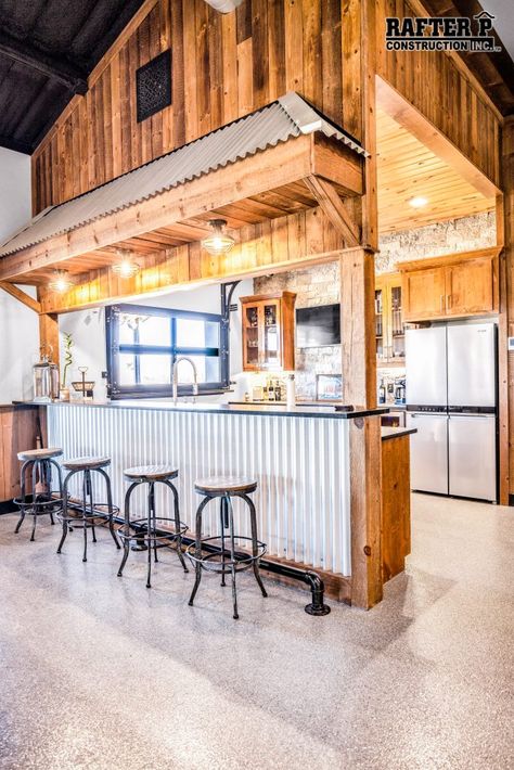 THE LOOKOUT BARNDO - Rafter P Construction Shop With Kitchen And Bathroom, Pole Barn Ideas Interiors, Pole Barn Garage Interior, Bar Ideas Garage, Barnhouse Homes, Dream Garage Man Cave, Pole Barn Interior Ideas, Black Pole Barns, Party Barn Interior