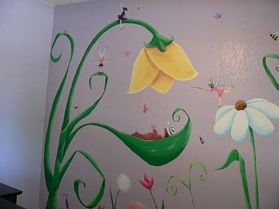 Future Baby Room Idea? Would be awesome to be able to make that drawn flower pop off the wall with the leaf as a swing and the flower as a light Fairy Room Ideas, Fairy Mural, Creative Kids Rooms, Fairy Room, Fairy Nursery, Garden Mural, Fairytale Nursery, School Murals, Wall Murals Painted