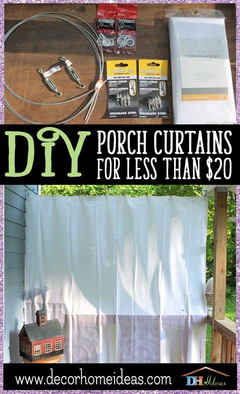 Diy Porch Curtains, Outdoor Curtains For Patio, Porch Curtains, Patio Curtains, Shower Curtain Liner, Drop Cloth Curtains, Diy Porch, Porch Furniture, Diy Pergola