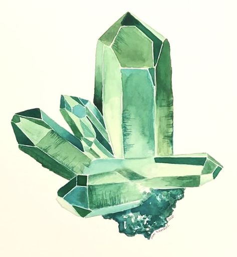 How To Paint Crystals Acrylic, Crystal Cluster Drawing, Emerald Drawing, Watercolor Gemstones, Crystals Painting, Watercolor Crystals, Crystals Watercolors, Emerald Art, Crystal Painting