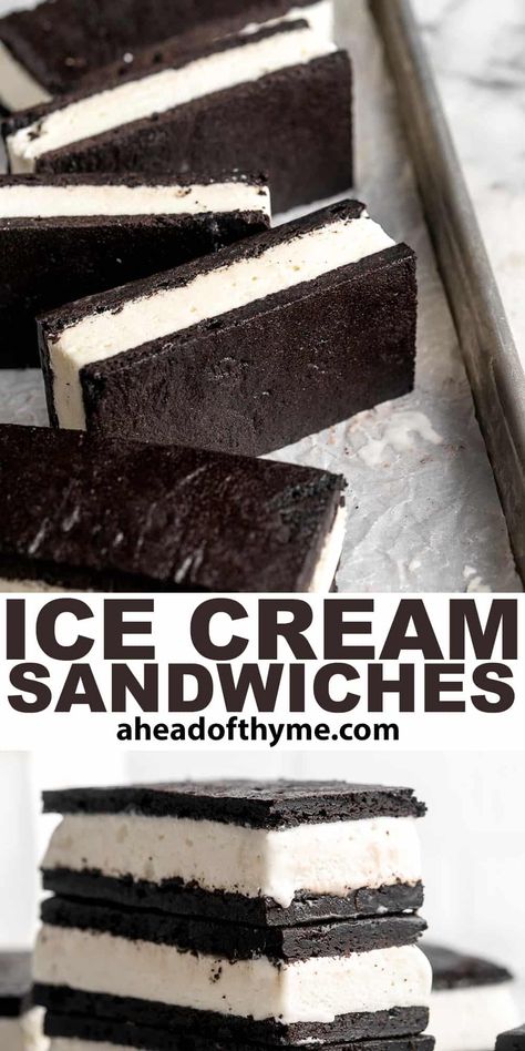 Nothing says summer better than ice cream, and these homemade Ice Cream Sandwiches are the very best! Creamy vanilla ice cream is perfectly nestled between two tender homemade chocolate cookies for that classic flavor we all love. They're surprisingly easy to make and a fun nostalgic option for backyard barbecues, birthday parties, or just because! | aheadofthyme.com #icecreamsandwich #icecreamsandwiches #icecreambars via @aheadofthyme Homemade Ice Cream Sandwiches Cookie, Chocolate Ice Cream Sandwich, Homemade Chocolate Cookies, Vanilla Ice Cream Sandwich, Homemade Ice Cream Sandwiches, Discard Recipe, Ice Cream Sandwiches Recipe, Sourdough Starter Discard Recipe, Ice Cream Maker Recipes