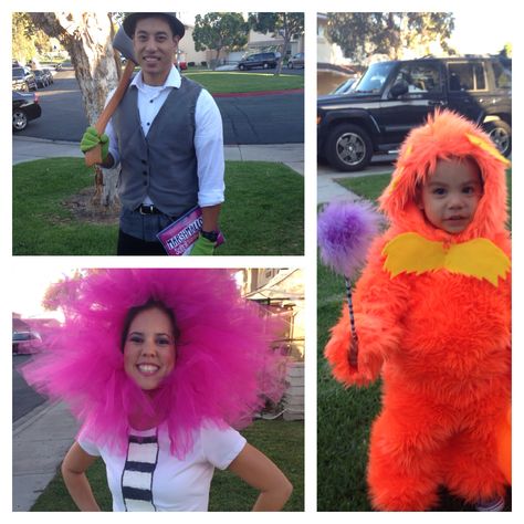 Lorax Halloween costume  The Once- ler, truffula tree, and the Lorax lorax costume Truffula Tree Costume, Cute Lorax Costume, Lorax Cosplay Funny, Lorax Halloween, Ohare Lorax Costume, Lorax Plush, The Lorax Trees, Dr. Seuss Costumes, Lorax Costume