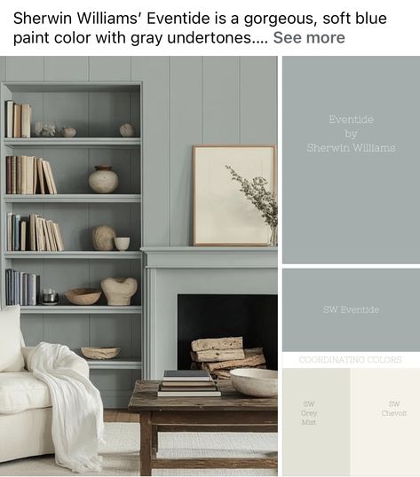 Sherwin Williams Eventide, Soft Blue Paint Colors, French Transitional Home, Soft Blue Paint, Powder Room Redo, Warm Grey Paint Colors, Blue Paint Color, Blue Gray Paint Colors, Blue Gray Paint