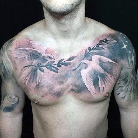 Guys Dove With Olive Branch Tattoo On Chest Tattoos For Guys Chest, Chest Tattoo With Meaning, Olive Tattoo, Cloud Tattoo Design, Bird Tattoo Men, Olive Branch Tattoo, Dove Tattoo Design, Dove Tattoos, Tattoos Infinity