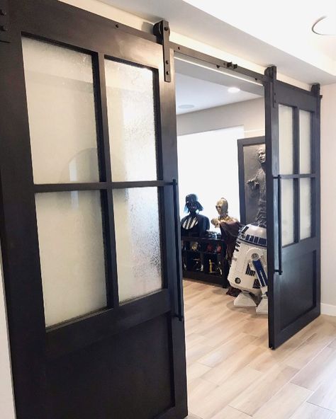 Black Barn Door With Glass Panels, Office With Sliding Door, Window Barn Doors, Sliding Barn Door With Window, Barn Door Game Room, Modern Double Barn Door, Barn Door Office Doors, Frosted Glass Barn Doors Interior, Bar Doors In The House