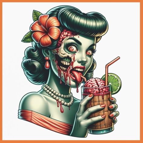 Zombie Pinup Tattoo, Halloween Pinup Tattoo, Doodles On Skin, Pinup Tattoo Ideas, Zombie Tattoo Ideas, Monster Pinup, Pinup Zombie, Zombie Girl Tattoos, Zombie Pin Up Girl