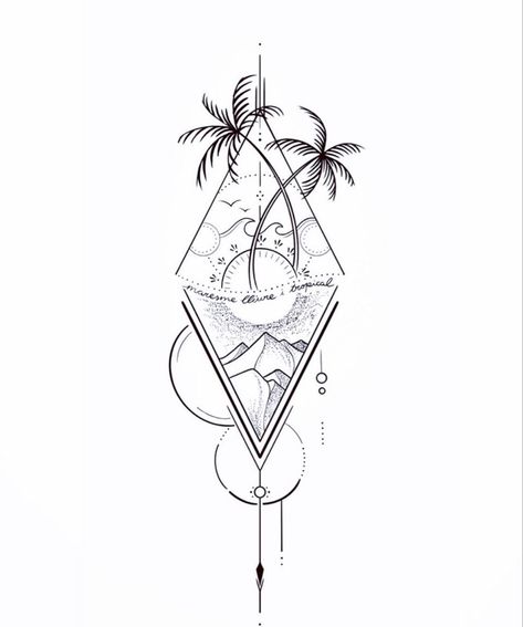 Travel Line Tattoo, Fine Line Travel Tattoo, Travel Tattoo Men, Fine Line Tattoo Men, Palms Tattoo, Line Work Tattoo Design, Beachy Tattoos, Tropical Tattoo, Mystical Tattoos