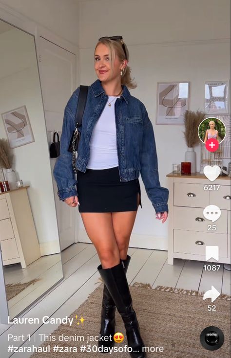 Going Out Midsize Outfits, Vegas Outfit Ideas Midsize, Fall Black Mini Skirt Outfit, Black Mini Skirt Outfit Plus Size, Black Skirt Denim Jacket, Denim Mini Dress Outfit, Black Skirt Outfit Party, San Diego Outfits, Oversized Denim Jacket Outfit