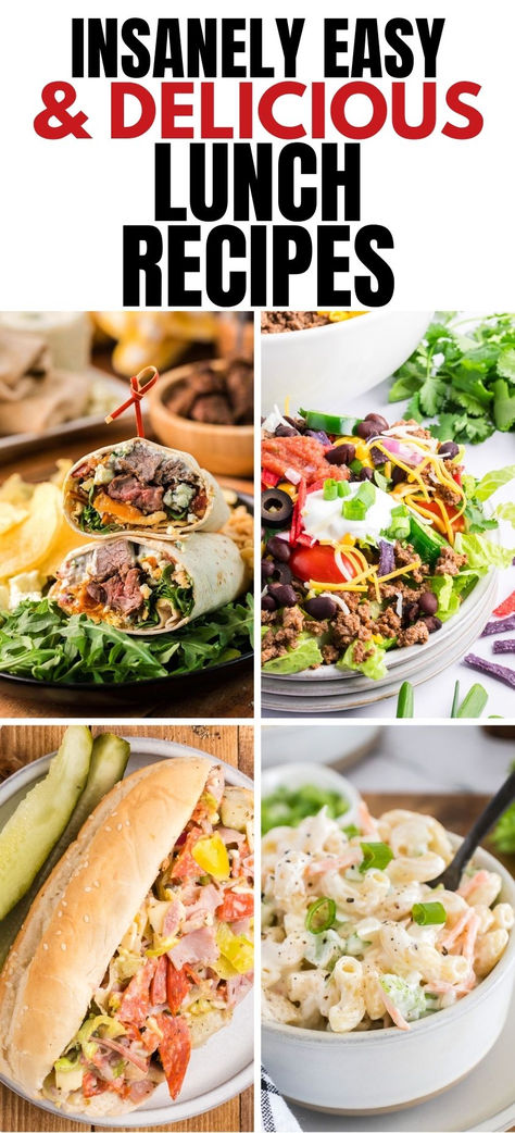 Photo collage of lunch recipes Lunch For 4 People, Savory Lunch Ideas, Quick Easy Lunch Ideas, Delicious Lunch Recipes, Cheap Healthy Lunch, Quick And Easy Lunch Ideas, Salad In A Bowl, College Dinner, Lunch Recipies