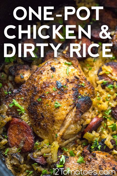 Chicken And Dirty Rice, Cajun Comfort Food, Butter Mushrooms, Garlic Butter Mushrooms, Dirty Rice, One Pot Chicken, 12 Tomatoes, Spicy Dishes, Stuffed Whole Chicken